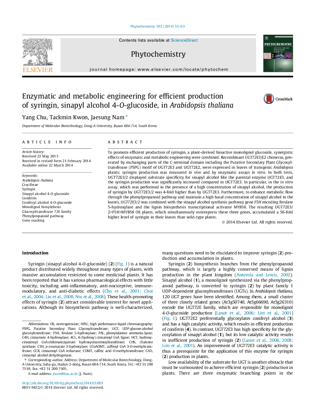 Enzymatic and metabolic engineering for efficient production of syringin, sinapyl alcohol 4-O-glucoside, in Arabidopsis thaliana