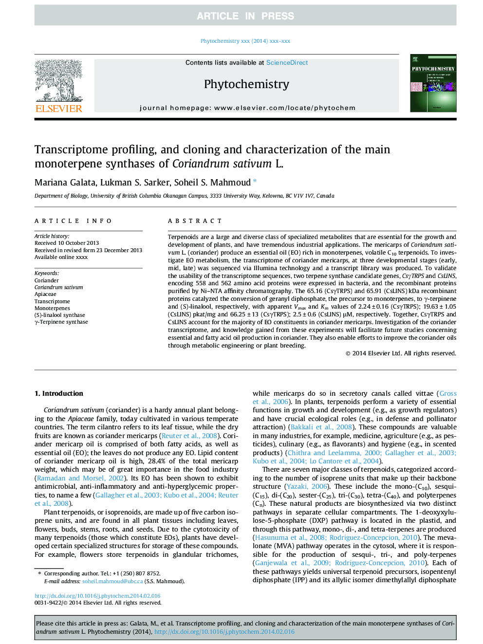 Transcriptome profiling, and cloning and characterization of the main monoterpene synthases of Coriandrum sativum L.