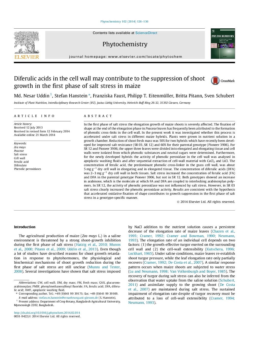 Diferulic acids in the cell wall may contribute to the suppression of shoot growth in the first phase of salt stress in maize