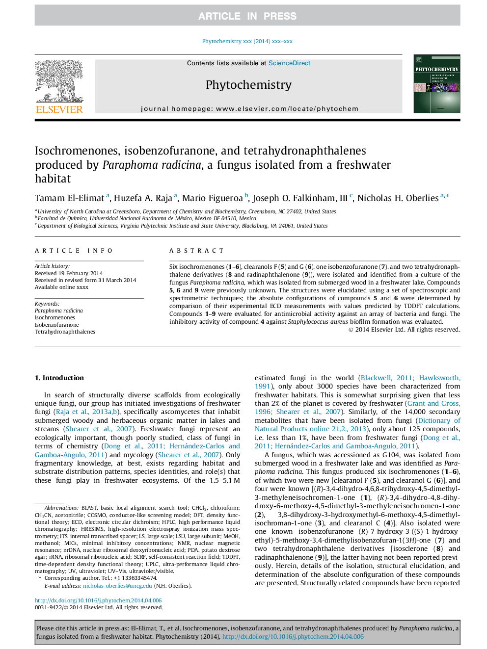 Isochromenones, isobenzofuranone, and tetrahydronaphthalenes produced by Paraphoma radicina, a fungus isolated from a freshwater habitat