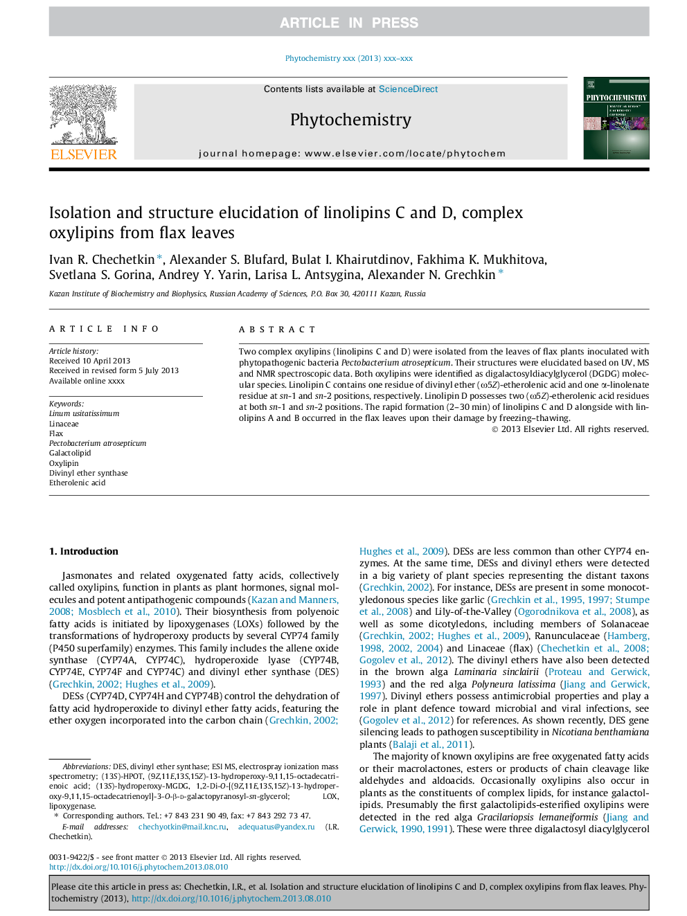 Isolation and structure elucidation of linolipins C and D, complex oxylipins from flax leaves