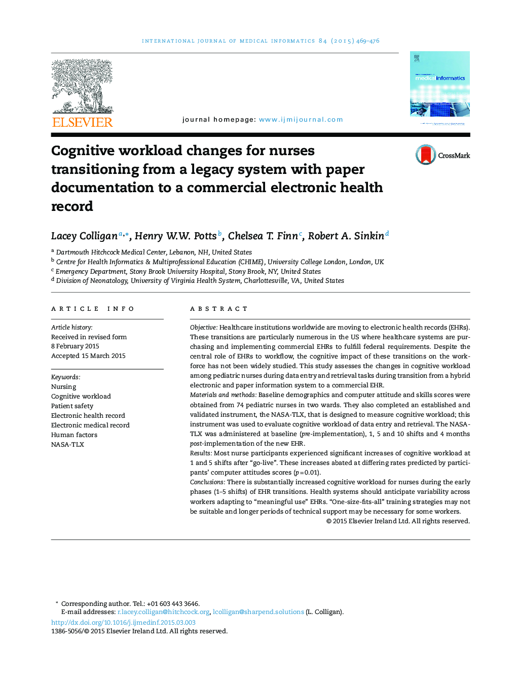 Cognitive workload changes for nurses transitioning from a legacy system with paper documentation to a commercial electronic health record