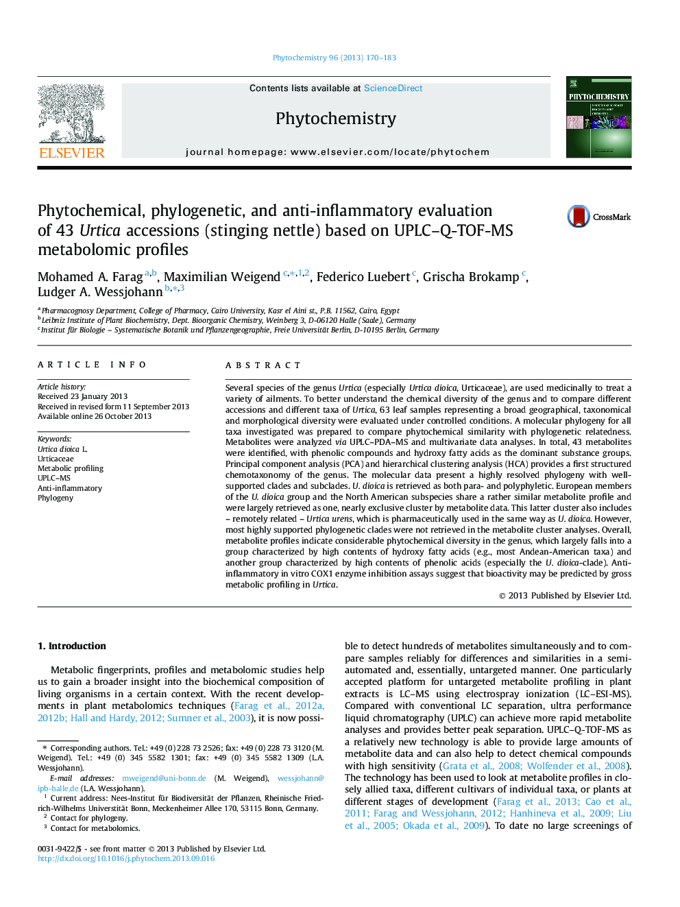 Phytochemical, phylogenetic, and anti-inflammatory evaluation of 43 Urtica accessions (stinging nettle) based on UPLC-Q-TOF-MS metabolomic profiles