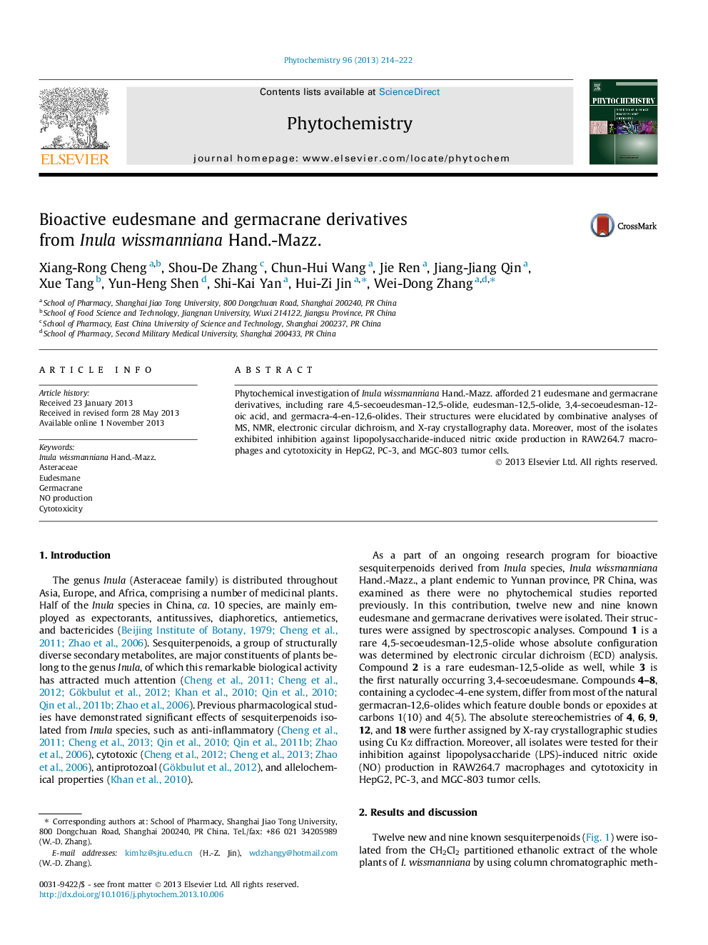 Bioactive eudesmane and germacrane derivatives from Inula wissmanniana Hand.-Mazz.