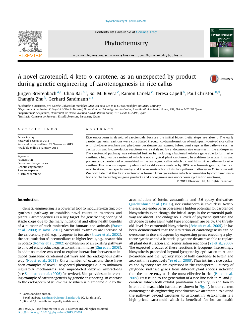 A novel carotenoid, 4-keto-Î±-carotene, as an unexpected by-product during genetic engineering of carotenogenesis in rice callus