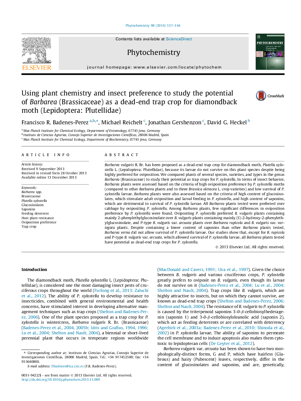 Using plant chemistry and insect preference to study the potential of Barbarea (Brassicaceae) as a dead-end trap crop for diamondback moth (Lepidoptera: Plutellidae)