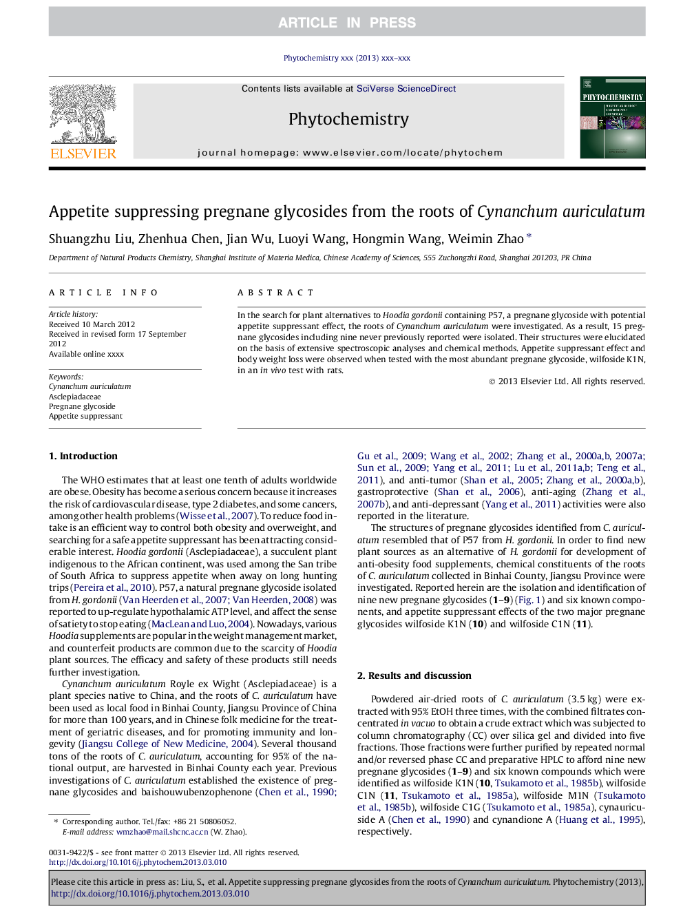 Appetite suppressing pregnane glycosides from the roots of Cynanchum auriculatum