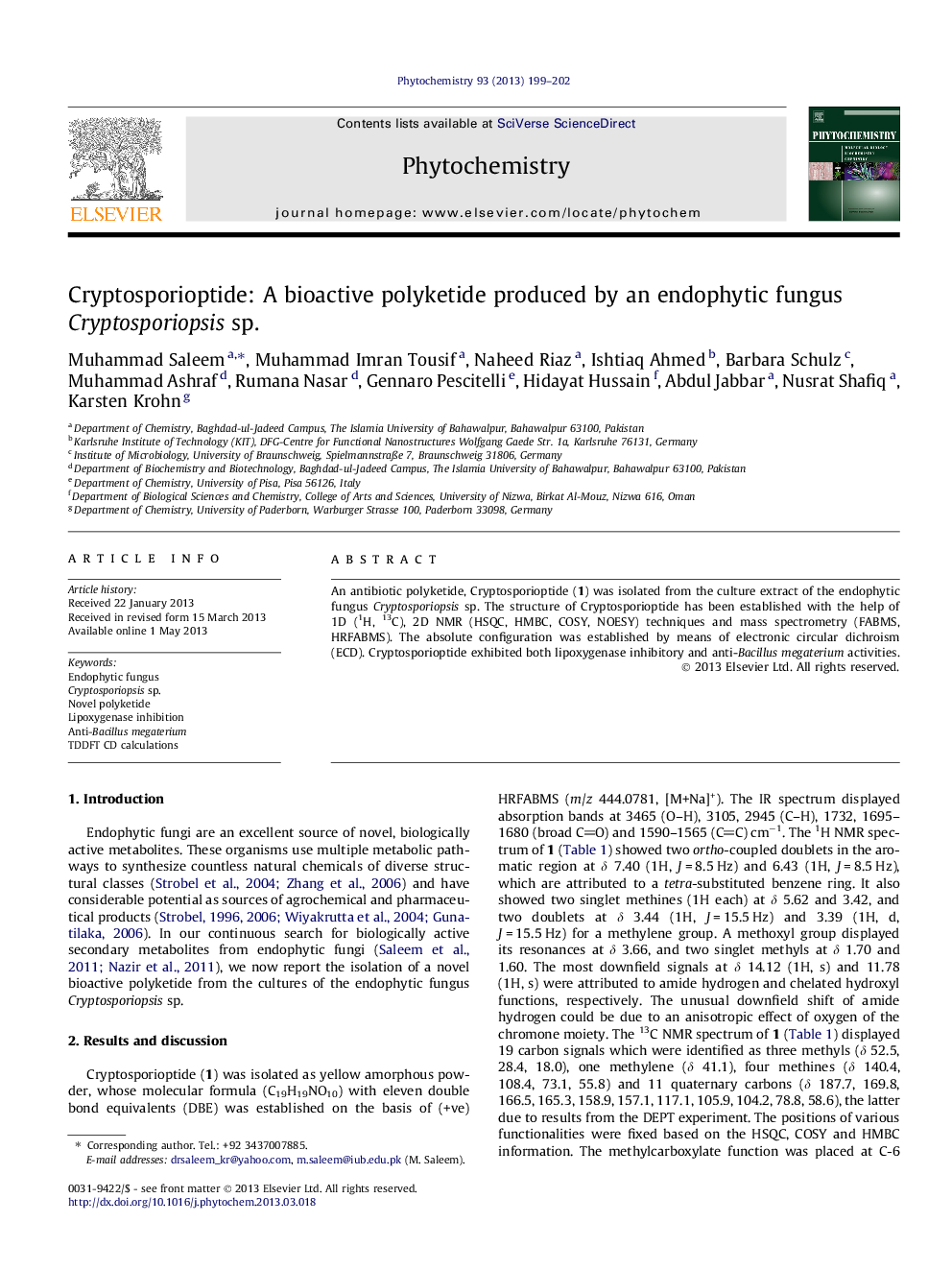 Cryptosporioptide: A bioactive polyketide produced by an endophytic fungus Cryptosporiopsis sp.