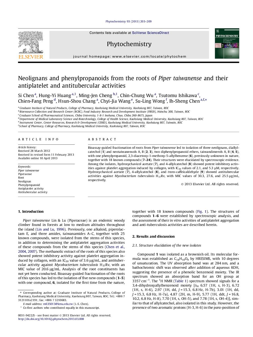 Neolignans and phenylpropanoids from the roots of Piper taiwanense and their antiplatelet and antitubercular activities