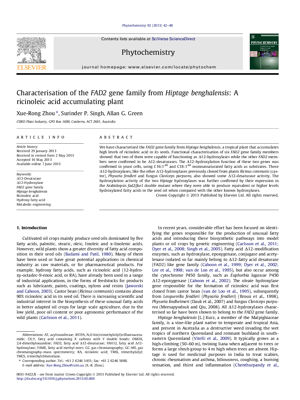 Characterisation of the FAD2 gene family from Hiptage benghalensis: A ricinoleic acid accumulating plant