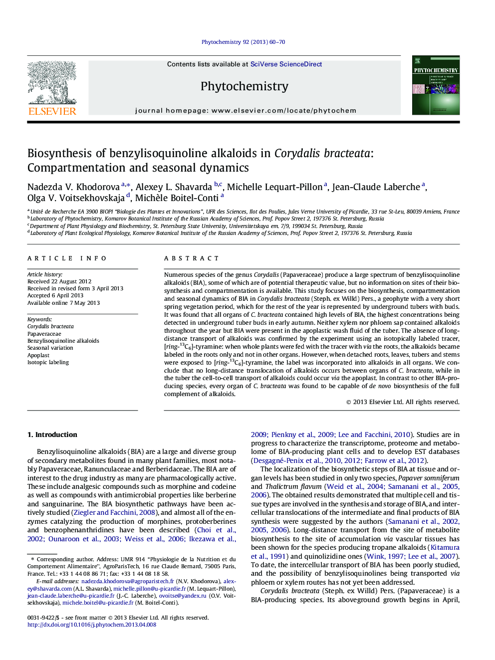 Biosynthesis of benzylisoquinoline alkaloids in Corydalis bracteata: Compartmentation and seasonal dynamics