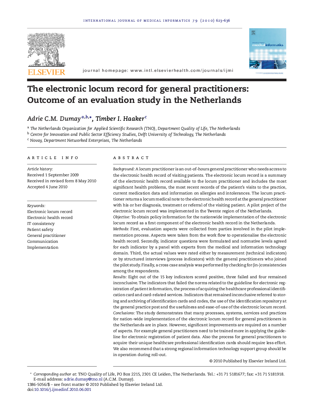عکس صفحه اول مقاله: The electronic locum record for general practitioners: Outcome of an evaluation study in the Netherlands The electronic locum record for general practitioners: Outcome of an evaluation study in the Netherlands