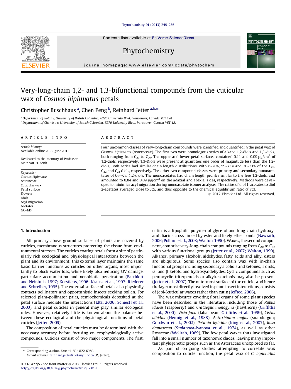 Very-long-chain 1,2- and 1,3-bifunctional compounds from the cuticular wax of Cosmos bipinnatus petals