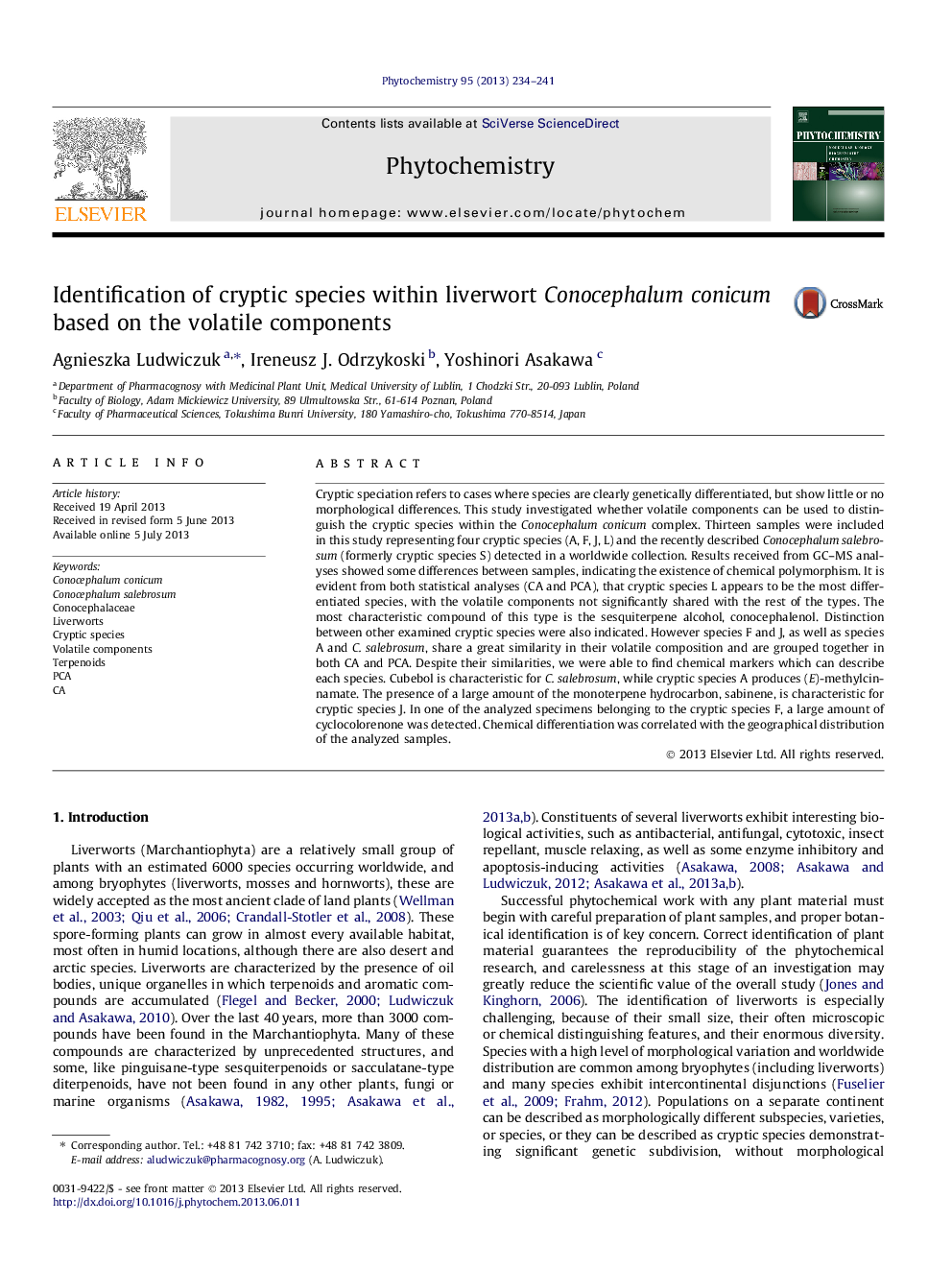 Identification of cryptic species within liverwort Conocephalum conicum based on the volatile components