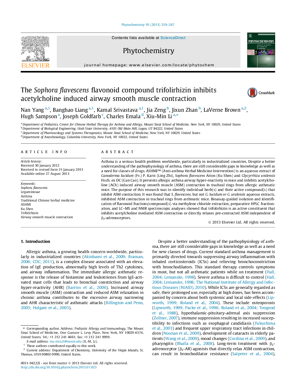 The Sophora flavescens flavonoid compound trifolirhizin inhibits acetylcholine induced airway smooth muscle contraction