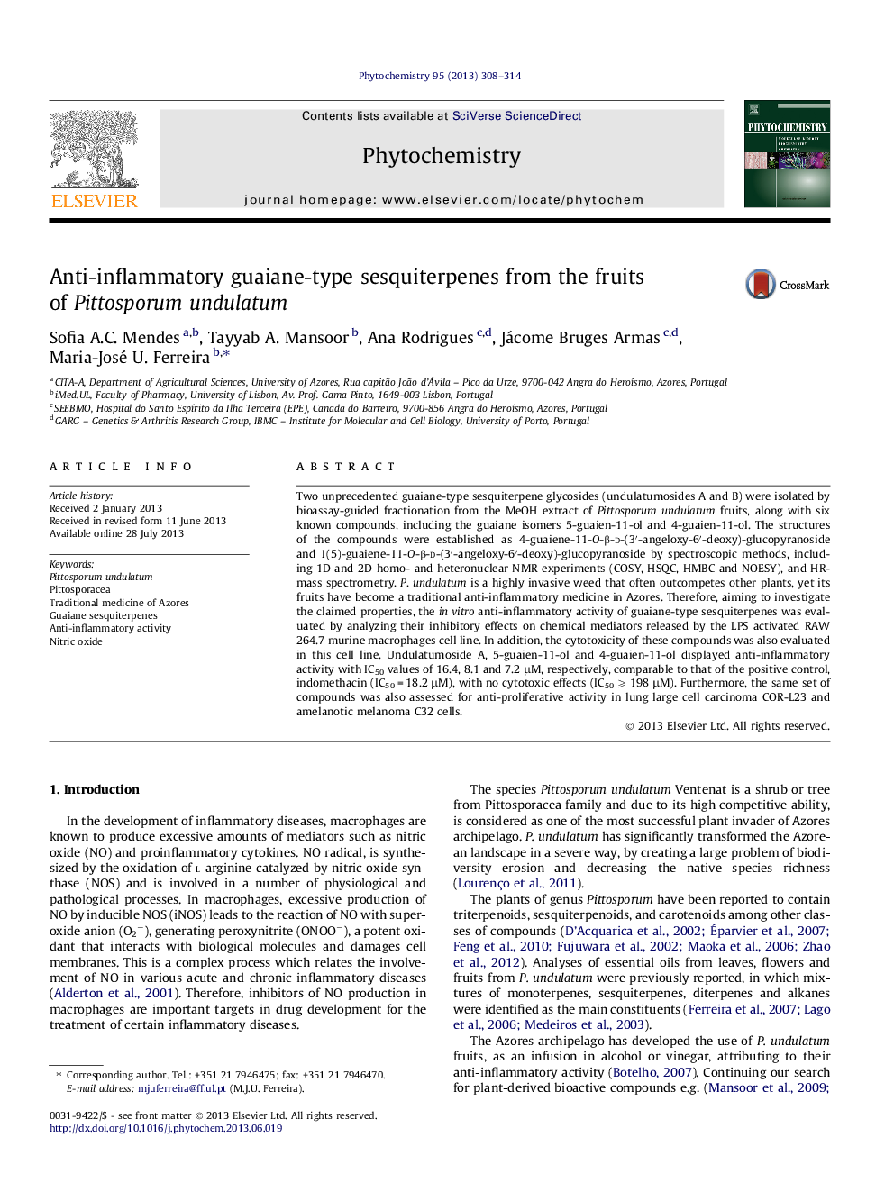 عکس صفحه اول مقاله: Anti-inflammatory guaiane-type sesquiterpenes from the fruits of Pittosporum undulatum Anti-inflammatory guaiane-type sesquiterpenes from the fruits of Pittosporum undulatum