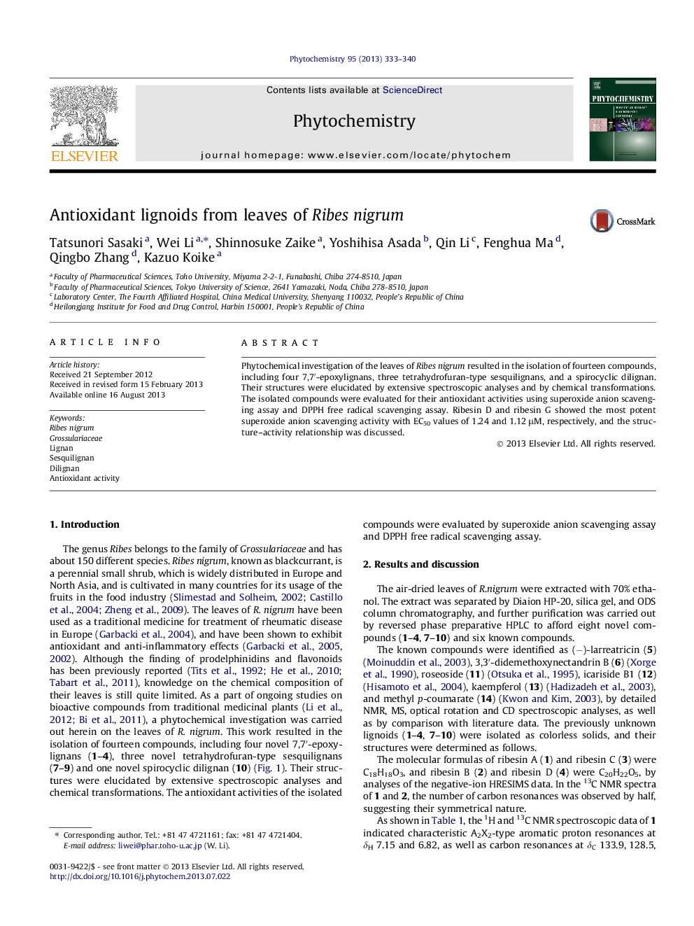 Antioxidant lignoids from leaves of Ribes nigrum