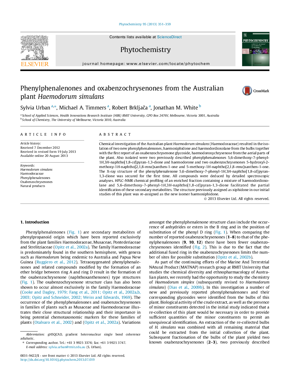 Phenylphenalenones and oxabenzochrysenones from the Australian plant Haemodorum simulans