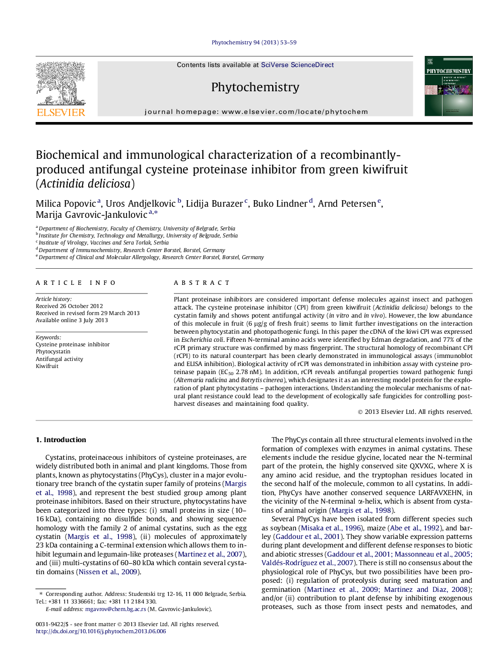 Biochemical and immunological characterization of a recombinantly-produced antifungal cysteine proteinase inhibitor from green kiwifruit (Actinidia deliciosa)