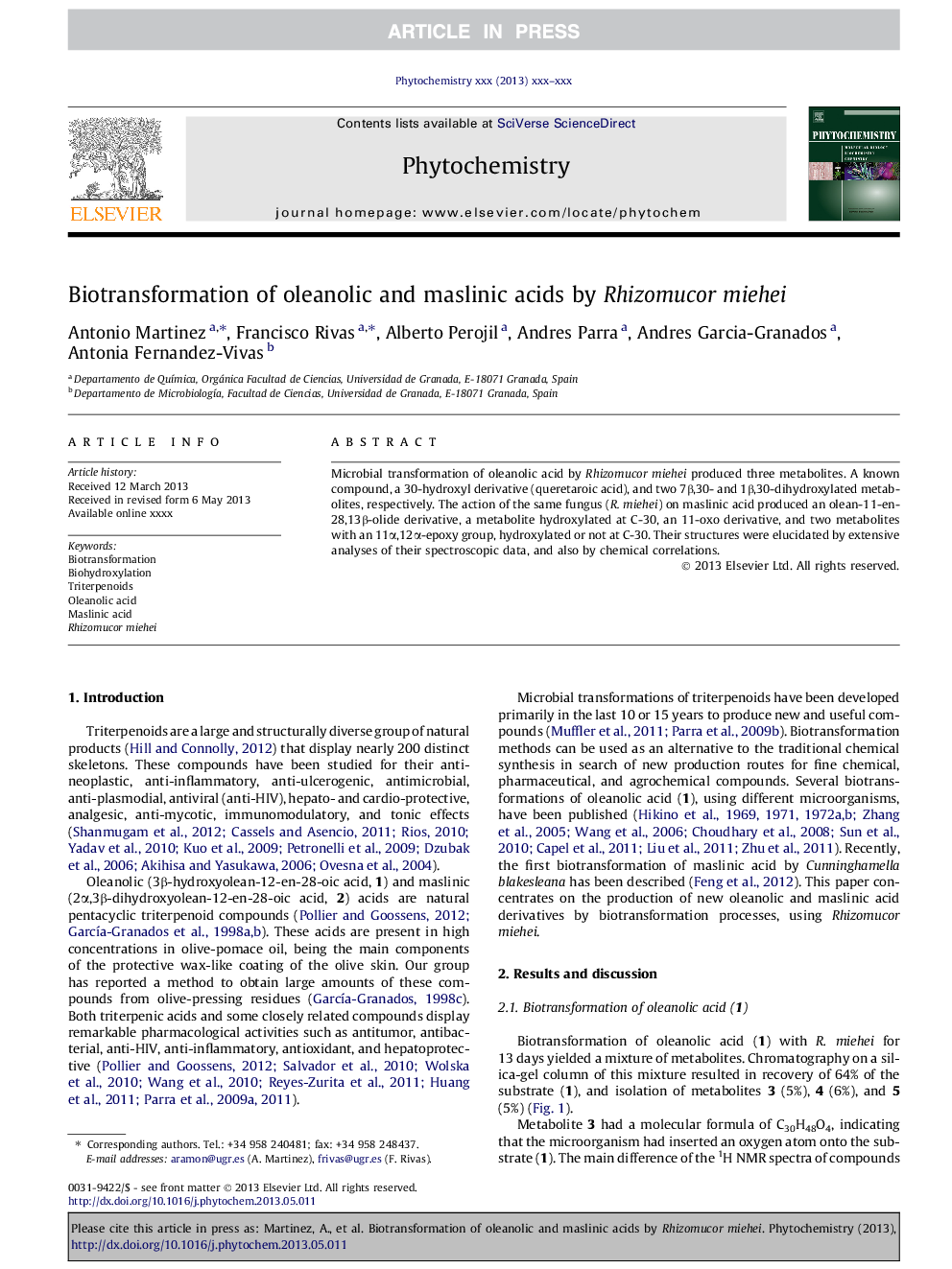 Biotransformation of oleanolic and maslinic acids by Rhizomucor miehei