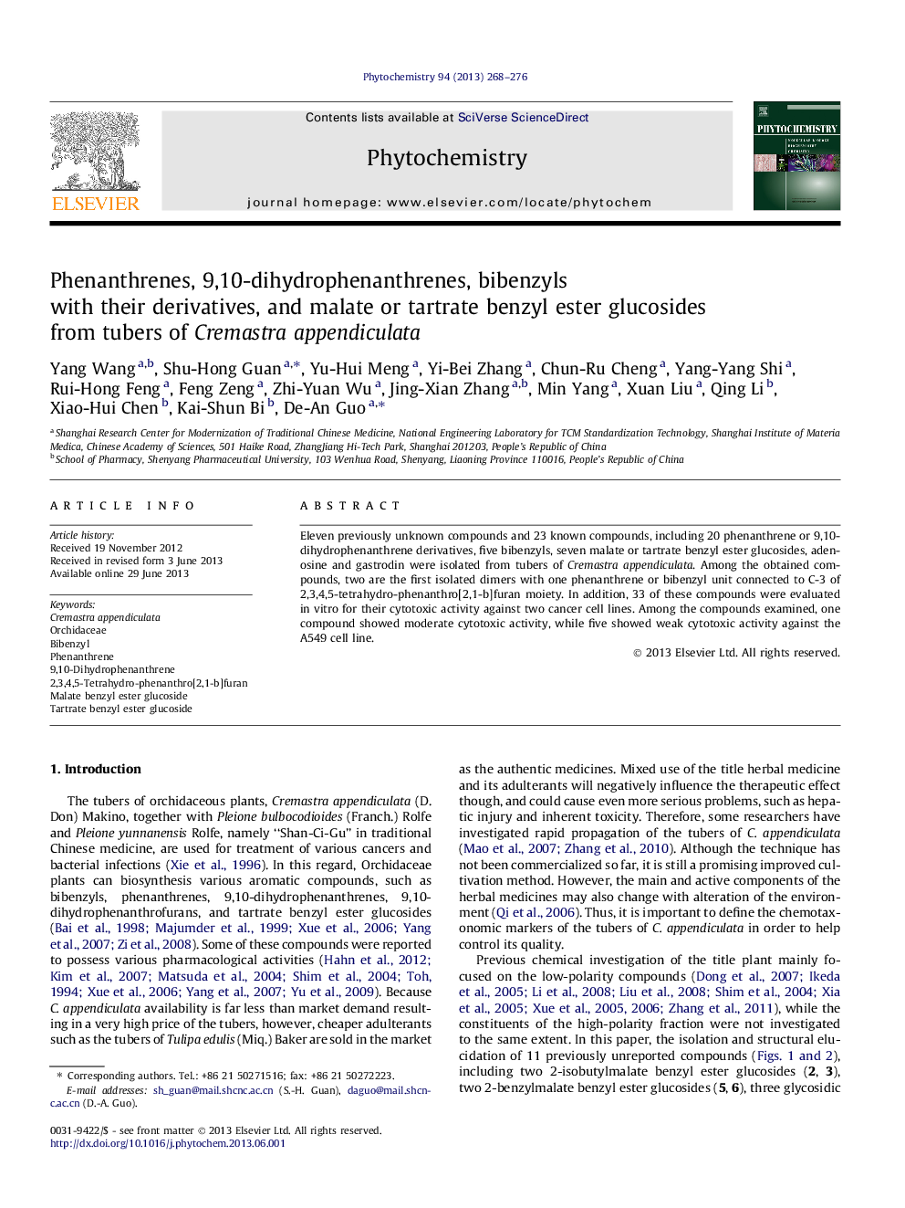 Phenanthrenes, 9,10-dihydrophenanthrenes, bibenzyls with their derivatives, and malate or tartrate benzyl ester glucosides from tubers of Cremastra appendiculata