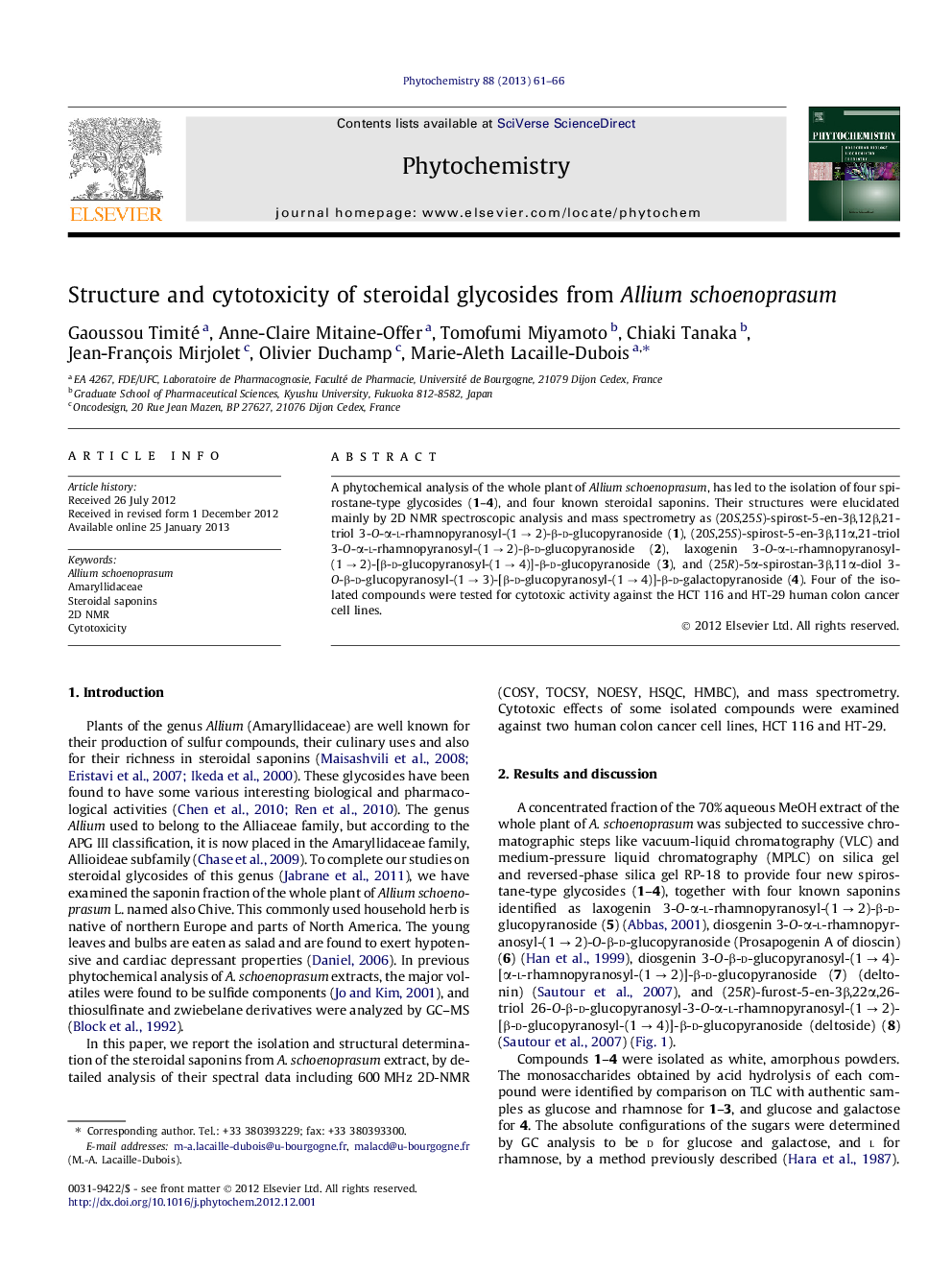 Structure and cytotoxicity of steroidal glycosides from Allium schoenoprasum