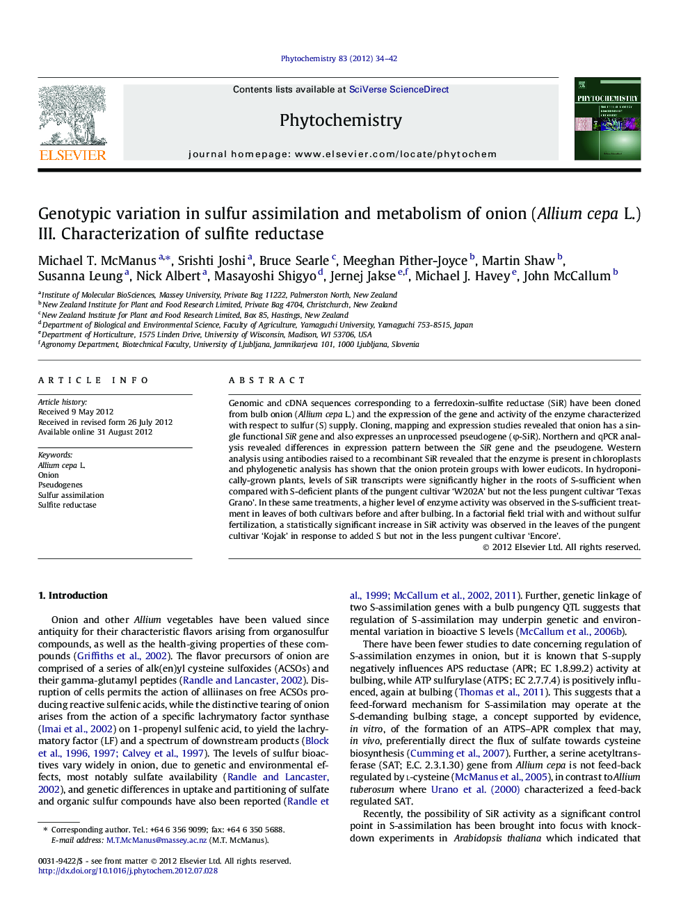 Genotypic variation in sulfur assimilation and metabolism of onion (Allium cepa L.) III. Characterization of sulfite reductase