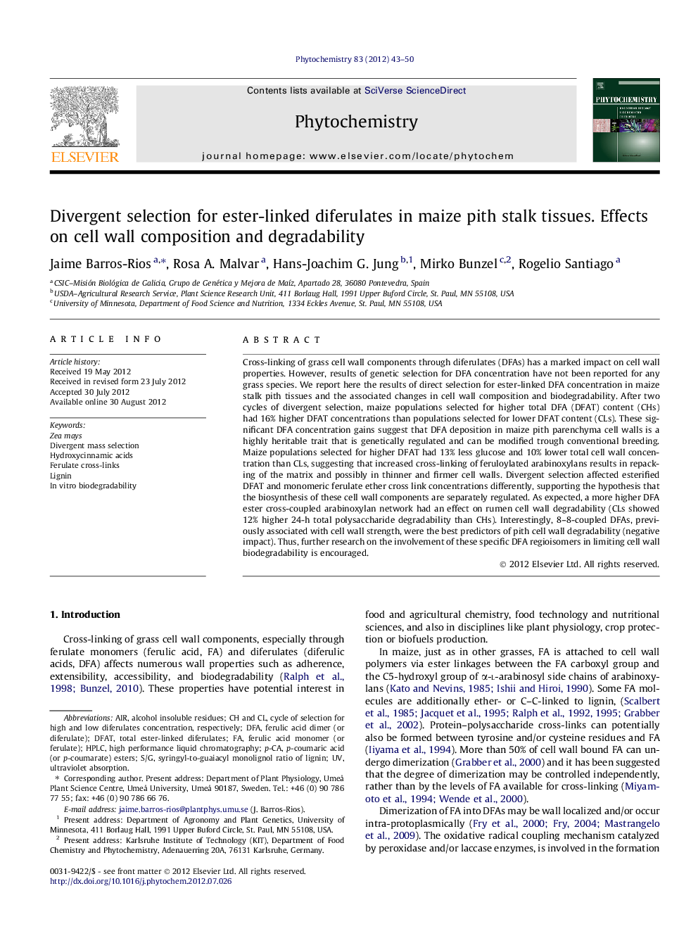 Divergent selection for ester-linked diferulates in maize pith stalk tissues. Effects on cell wall composition and degradability