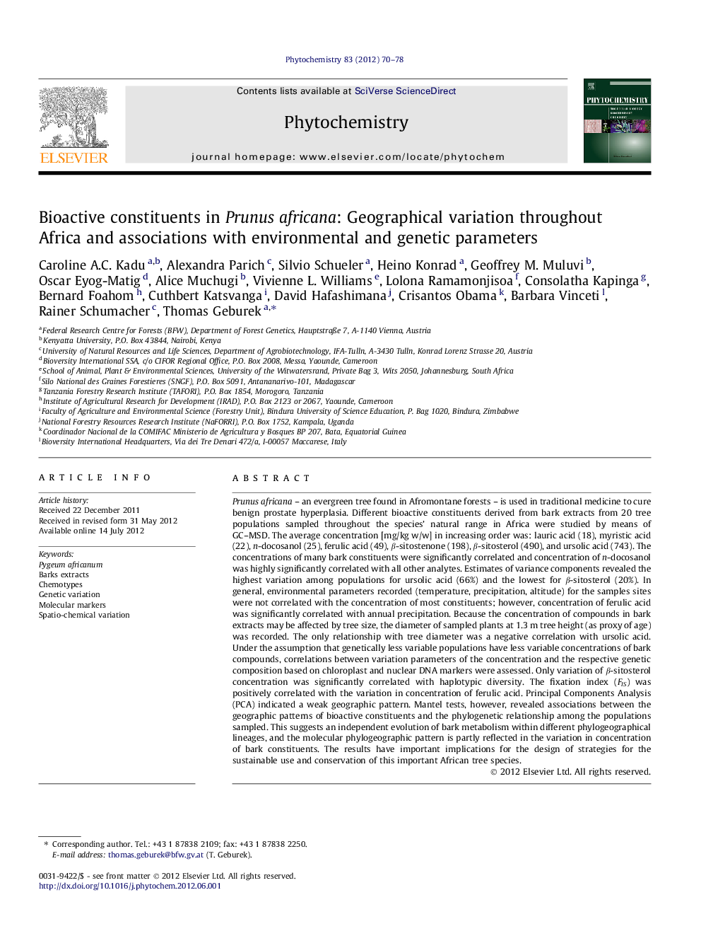 Bioactive constituents in Prunus africana: Geographical variation throughout Africa and associations with environmental and genetic parameters