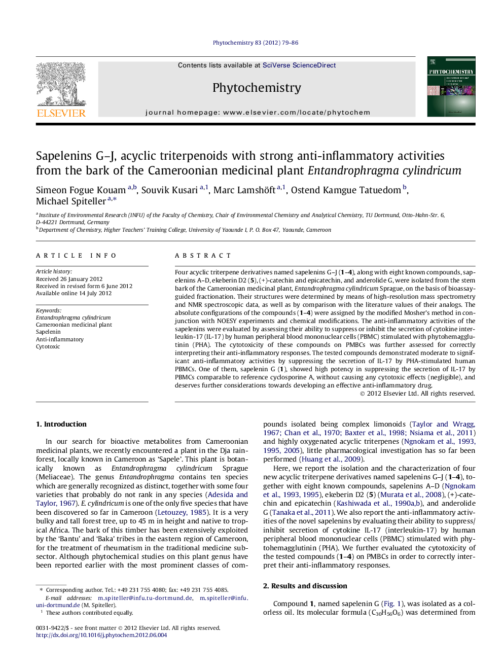 Sapelenins G-J, acyclic triterpenoids with strong anti-inflammatory activities from the bark of the Cameroonian medicinal plant Entandrophragma cylindricum