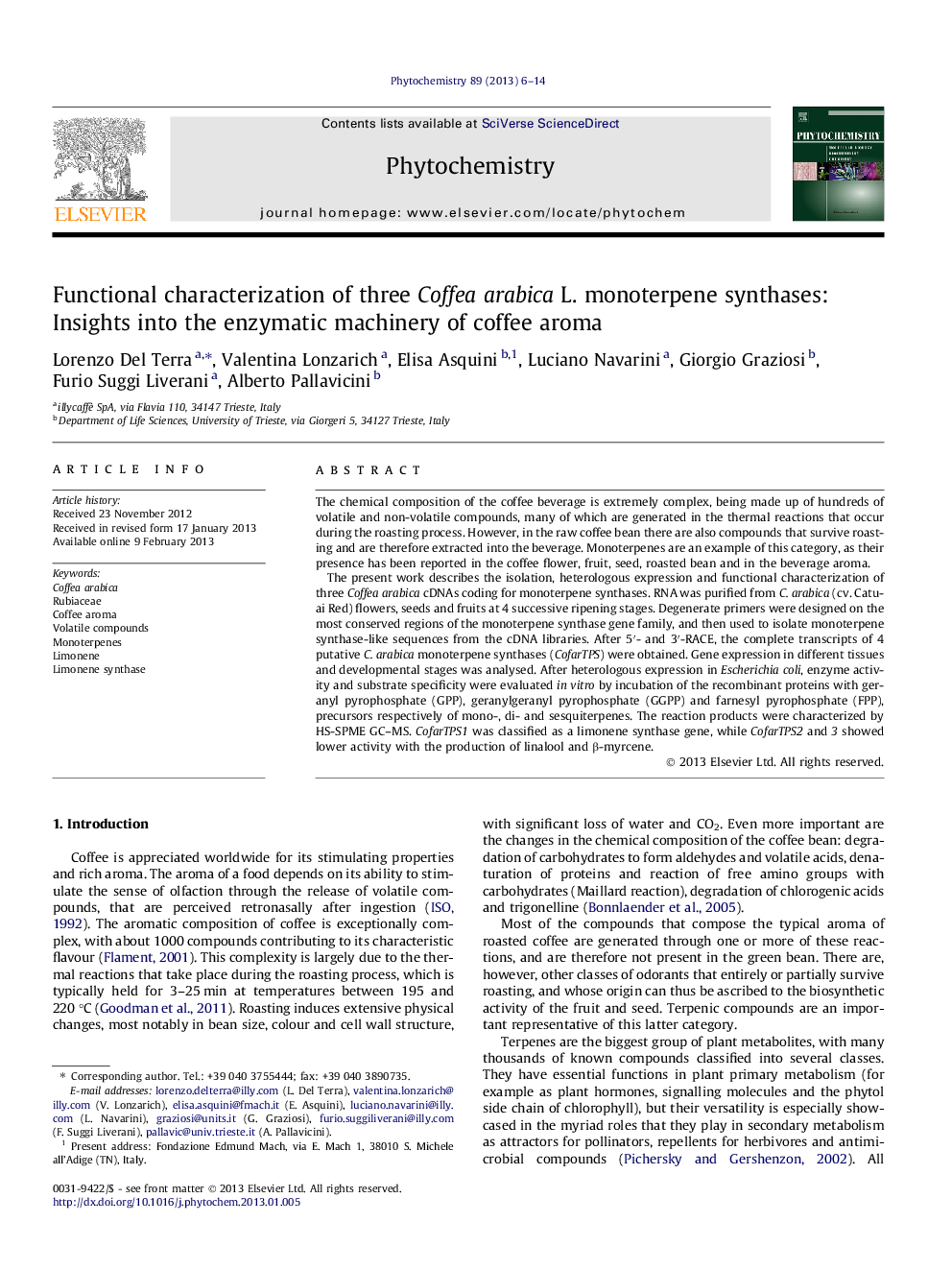 Functional characterization of three Coffea arabica L. monoterpene synthases: Insights into the enzymatic machinery of coffee aroma