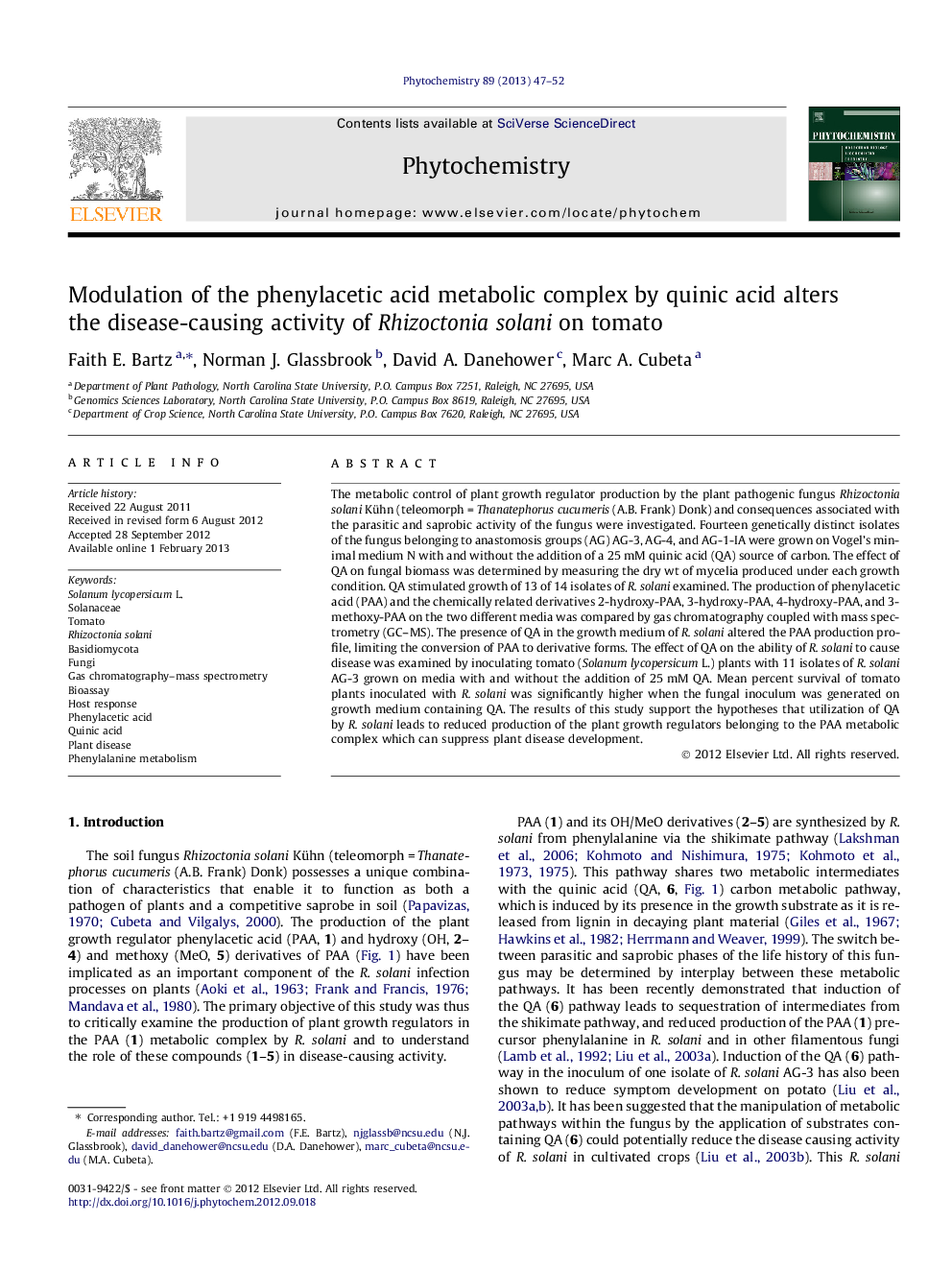 Modulation of the phenylacetic acid metabolic complex by quinic acid alters the disease-causing activity of Rhizoctonia solani on tomato