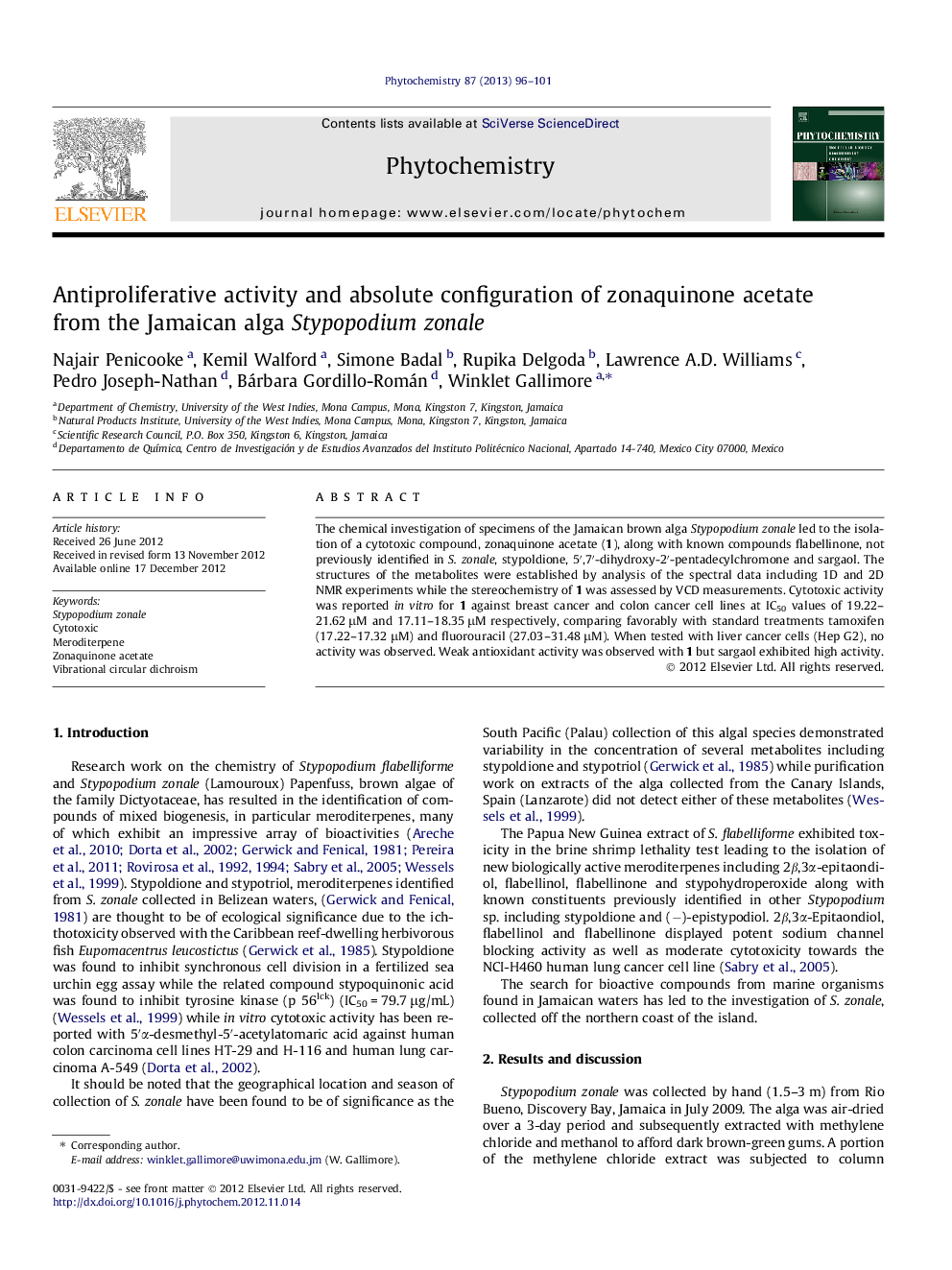 Antiproliferative activity and absolute configuration of zonaquinone acetate from the Jamaican alga Stypopodium zonale