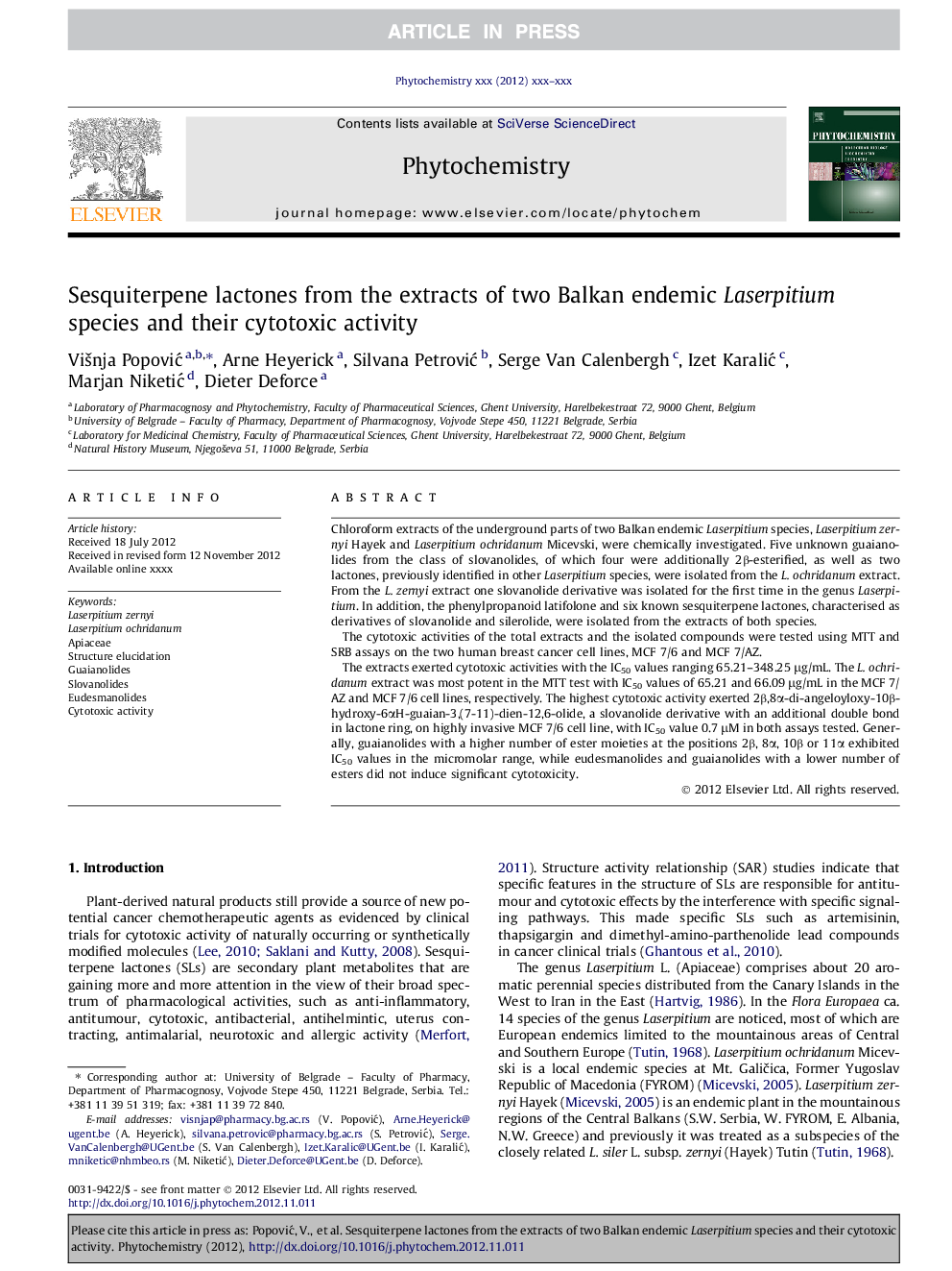 Sesquiterpene lactones from the extracts of two Balkan endemic Laserpitium species and their cytotoxic activity