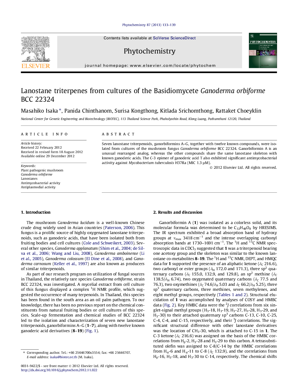 Lanostane triterpenes from cultures of the Basidiomycete Ganoderma orbiforme BCC 22324