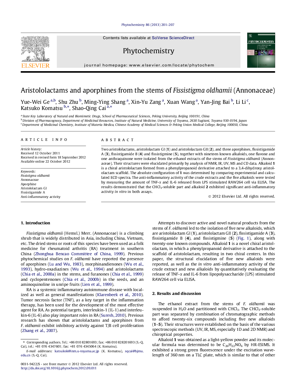 Aristololactams and aporphines from the stems of Fissistigma oldhamii (Annonaceae)