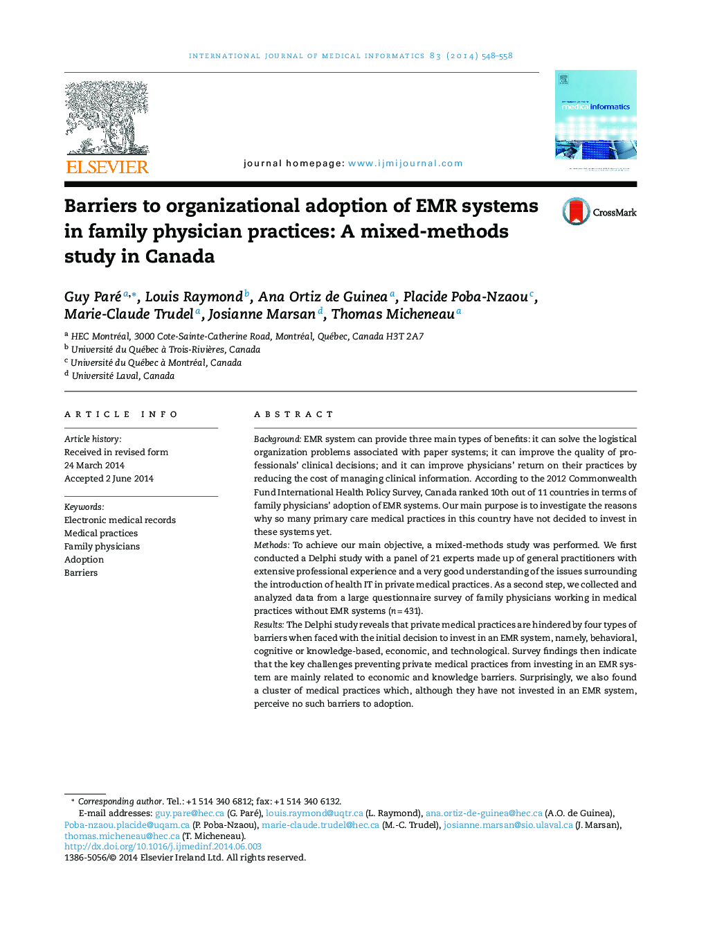 Barriers to organizational adoption of EMR systems in family physician practices: A mixed-methods study in Canada