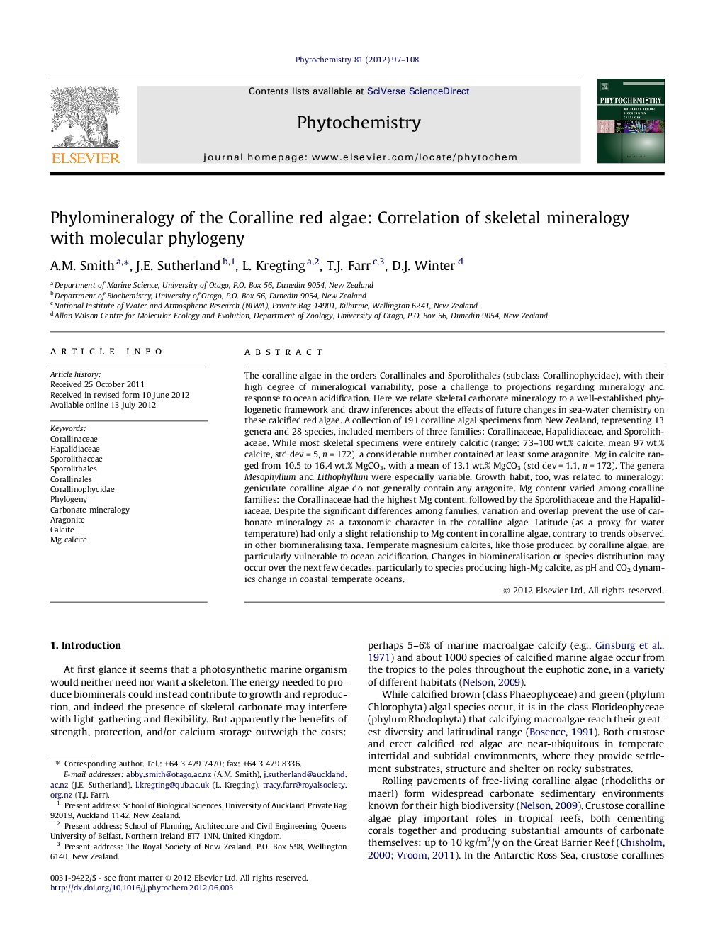 Phylomineralogy of the Coralline red algae: Correlation of skeletal mineralogy with molecular phylogeny