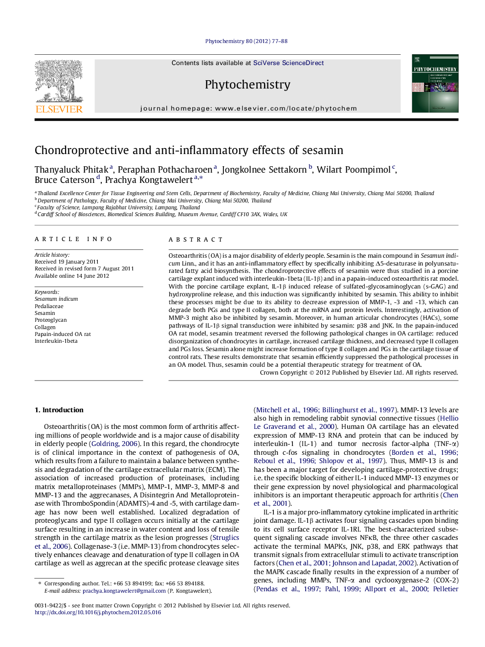 Chondroprotective and anti-inflammatory effects of sesamin