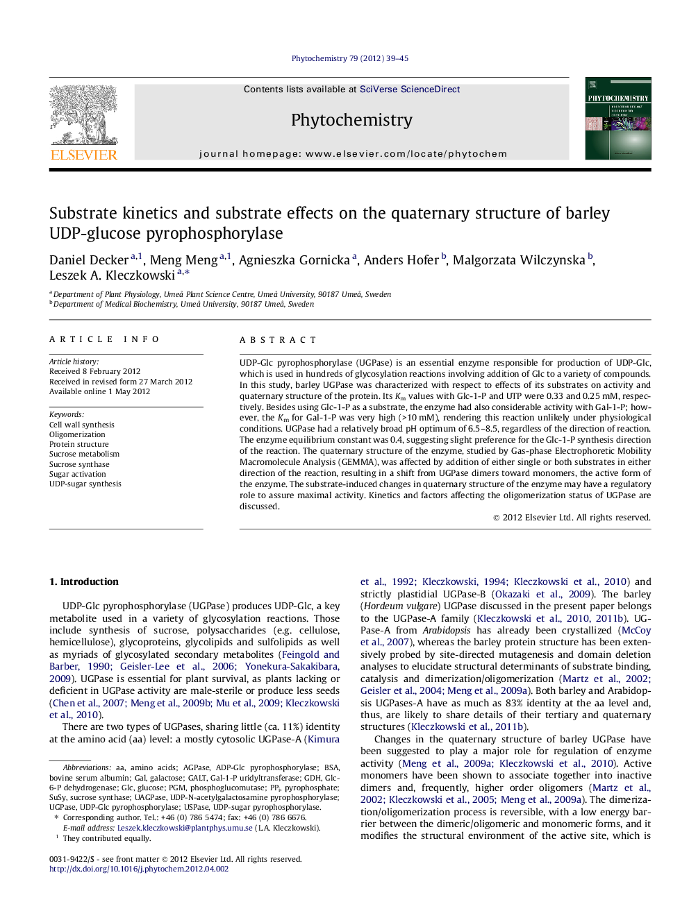 Substrate kinetics and substrate effects on the quaternary structure of barley UDP-glucose pyrophosphorylase