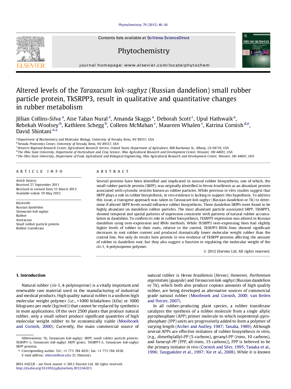 Altered levels of the Taraxacum kok-saghyz (Russian dandelion) small rubber particle protein, TkSRPP3, result in qualitative and quantitative changes in rubber metabolism