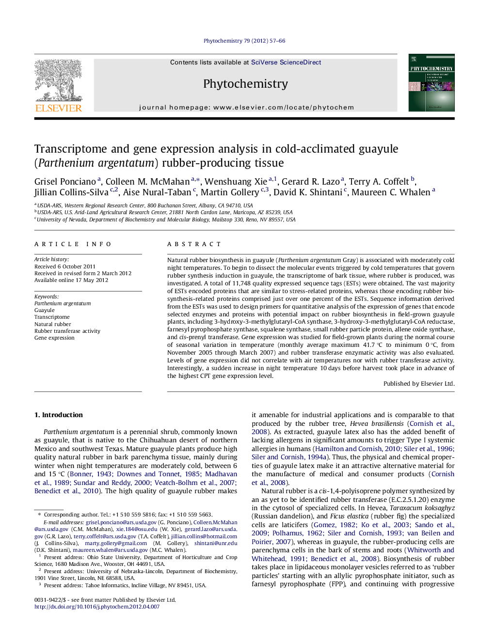 Transcriptome and gene expression analysis in cold-acclimated guayule (Parthenium argentatum) rubber-producing tissue