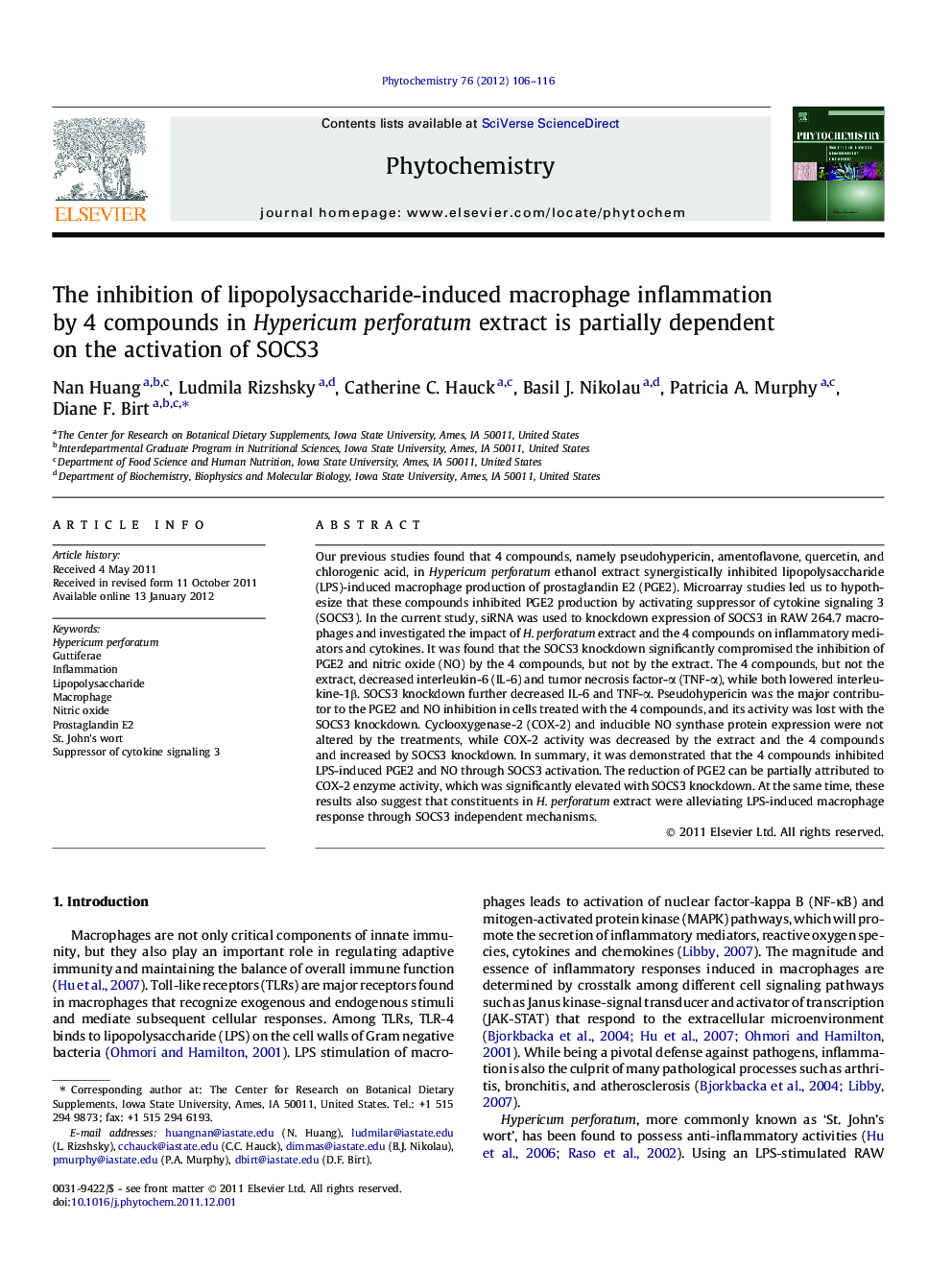 The inhibition of lipopolysaccharide-induced macrophage inflammation by 4 compounds in Hypericum perforatum extract is partially dependent on the activation of SOCS3