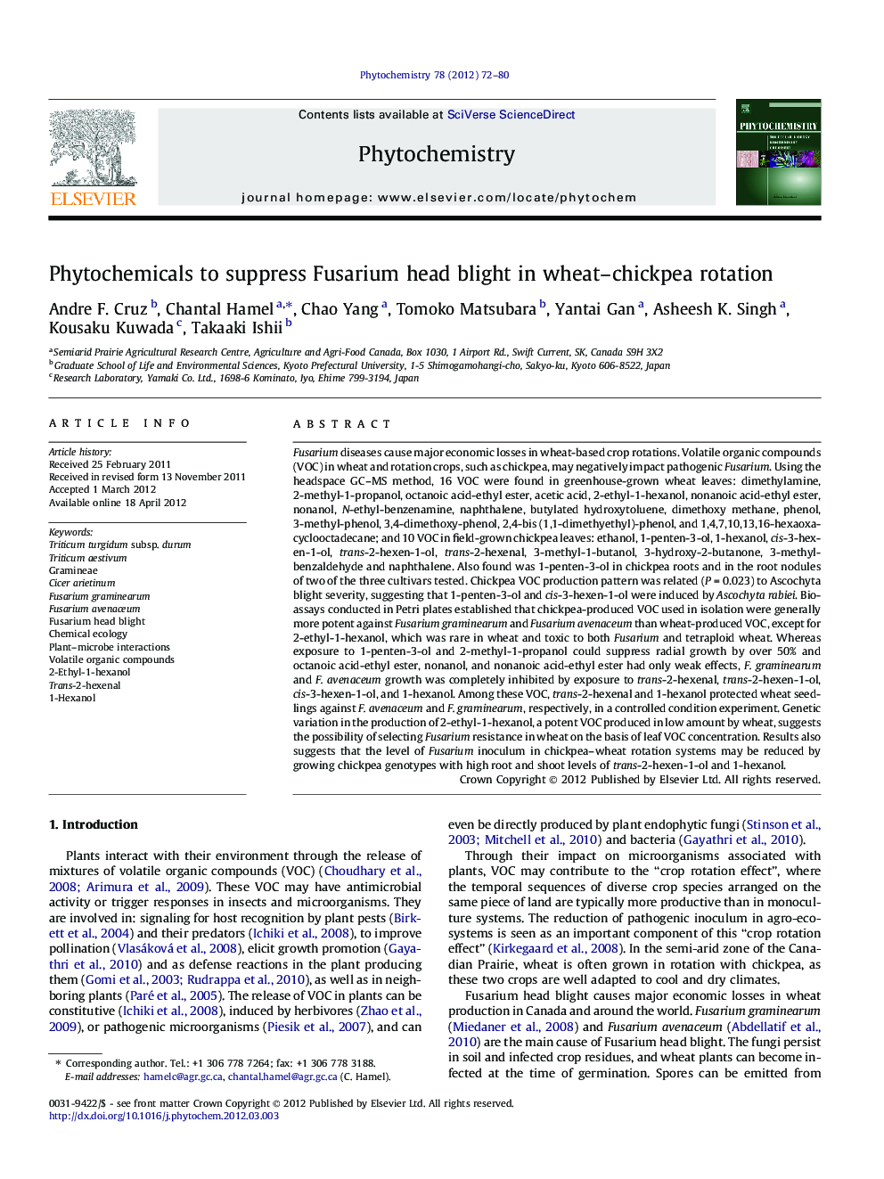 Phytochemicals to suppress Fusarium head blight in wheat-chickpea rotation