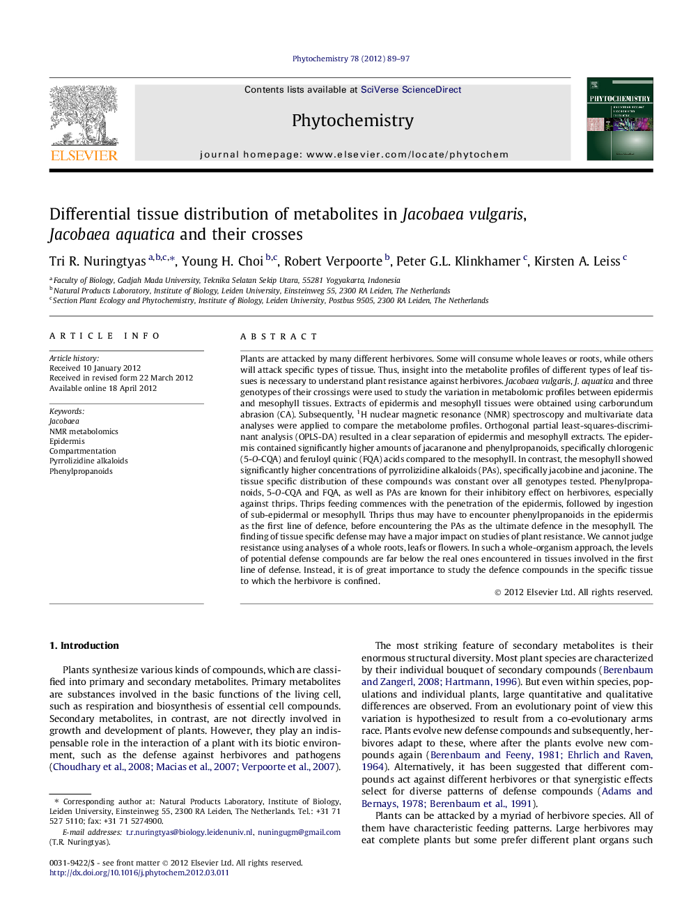 Differential tissue distribution of metabolites in Jacobaea vulgaris, Jacobaea aquatica and their crosses