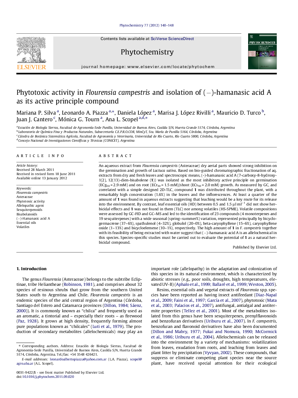 Phytotoxic activity in Flourensia campestris and isolation of (â)-hamanasic acid A as its active principle compound