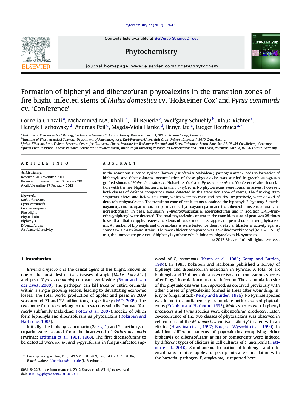 Formation of biphenyl and dibenzofuran phytoalexins in the transition zones of fire blight-infected stems of Malus domestica cv. 'Holsteiner Cox' and Pyrus communis cv. 'Conference'