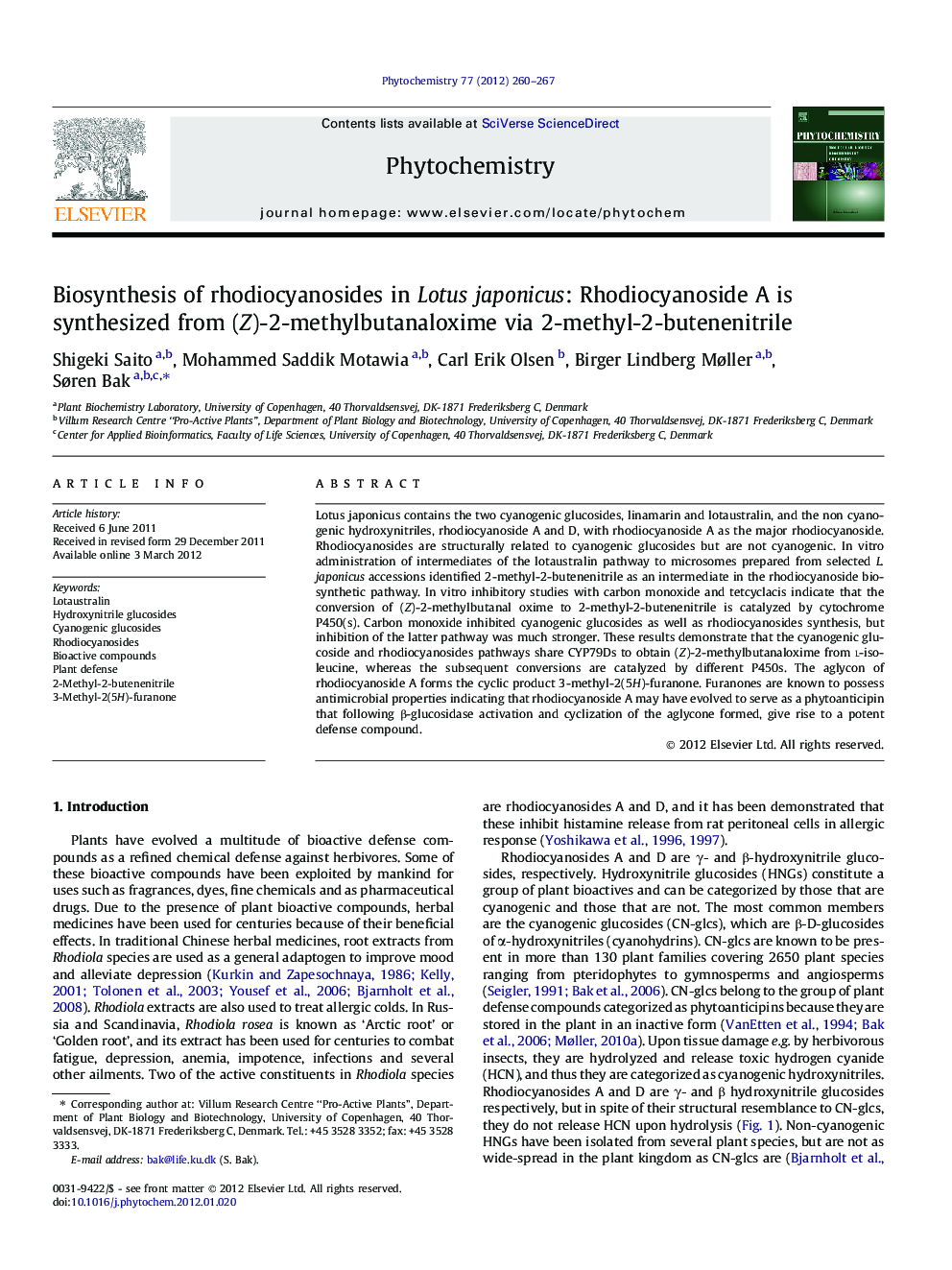 Biosynthesis of rhodiocyanosides in Lotus japonicus: Rhodiocyanoside A is synthesized from (Z)-2-methylbutanaloxime via 2-methyl-2-butenenitrile