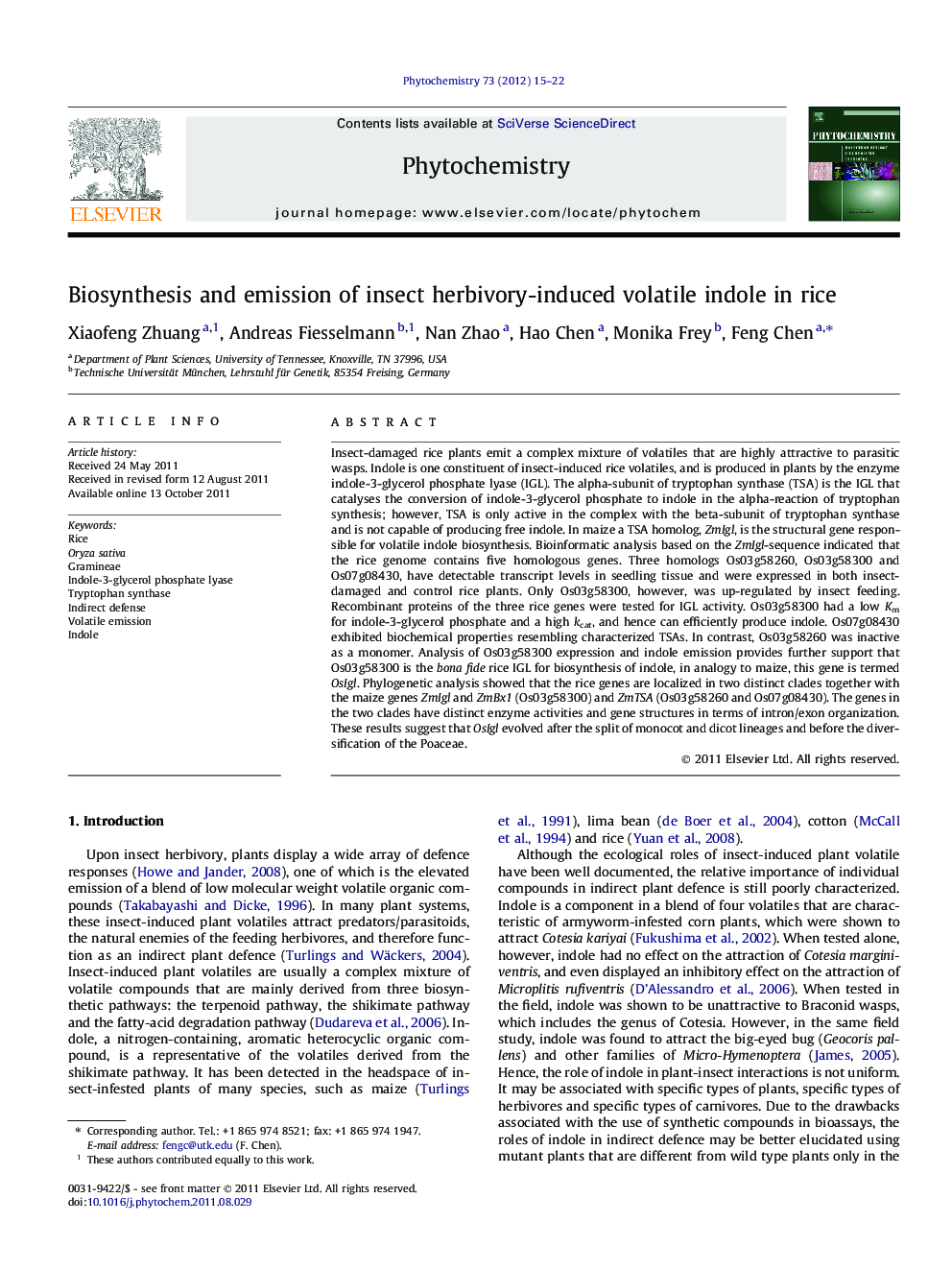 Biosynthesis and emission of insect herbivory-induced volatile indole in rice