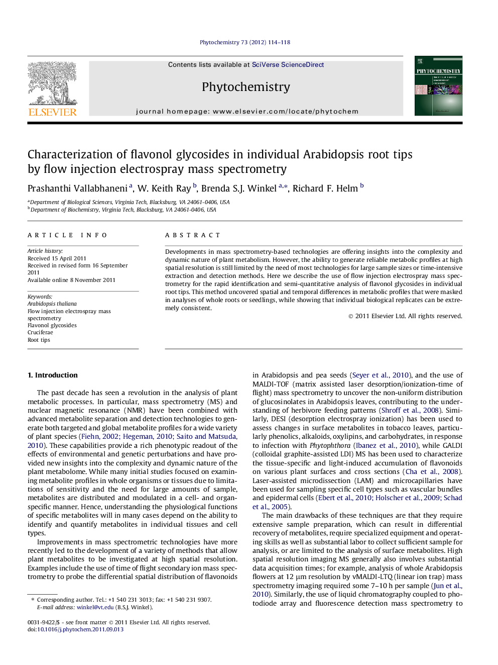 Characterization of flavonol glycosides in individual Arabidopsis root tips by flow injection electrospray mass spectrometry